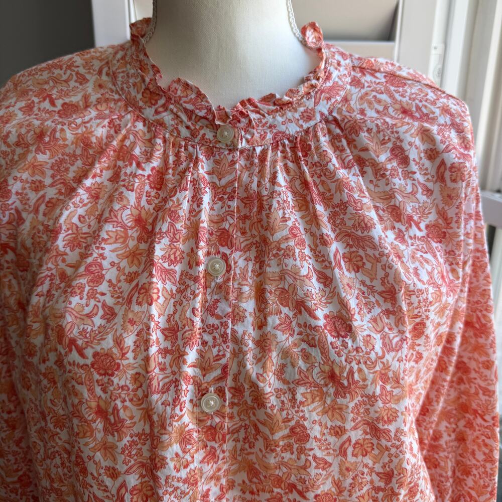 LOFT Peach Orange Floral Ruffle Neck Peasant Blouse Size Medium Petite - Picture 6 of 11